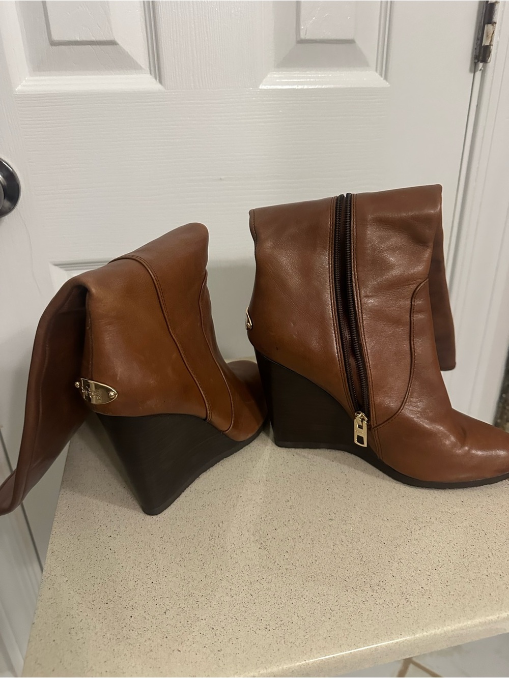 Coach Brown Knee-High Wedge Boots Size 8.5